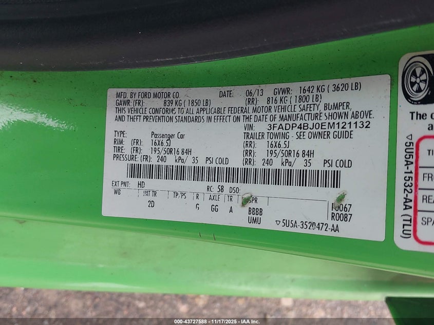 2014 Ford Fiesta Se VIN: 3FADP4BJ0EM121132 Lot: 43727588