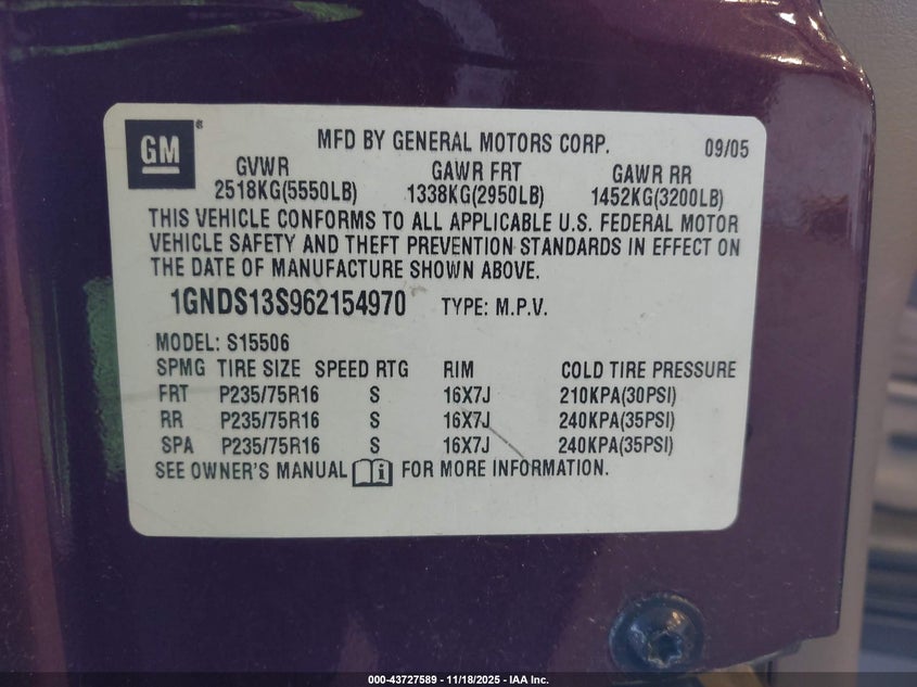 2006 Chevrolet Trailblazer Ls VIN: 1GNDS13S962154970 Lot: 43727589