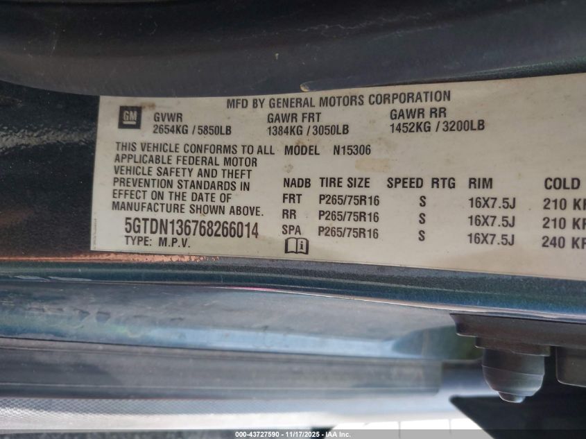 2006 Hummer H3 Suv VIN: 5GTDN136768266014 Lot: 43727590