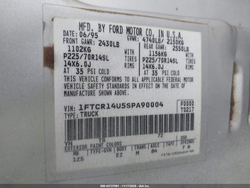 1995 Ford Ranger Super Cab VIN: 1FTCR14U5SPA90004 Lot: 43727591