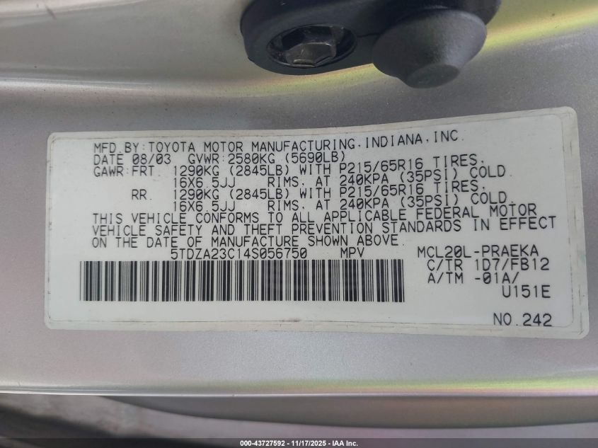 2004 Toyota Sienna Le VIN: 5TDZA23C14S056750 Lot: 43727592