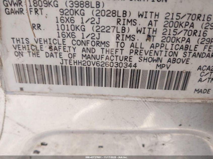 2002 Toyota Rav4 VIN: JTEHH20V626030344 Lot: 43727601