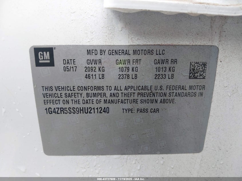 2017 Buick Lacrosse Premium VIN: 1G4ZR5SS9HU211240 Lot: 43727609