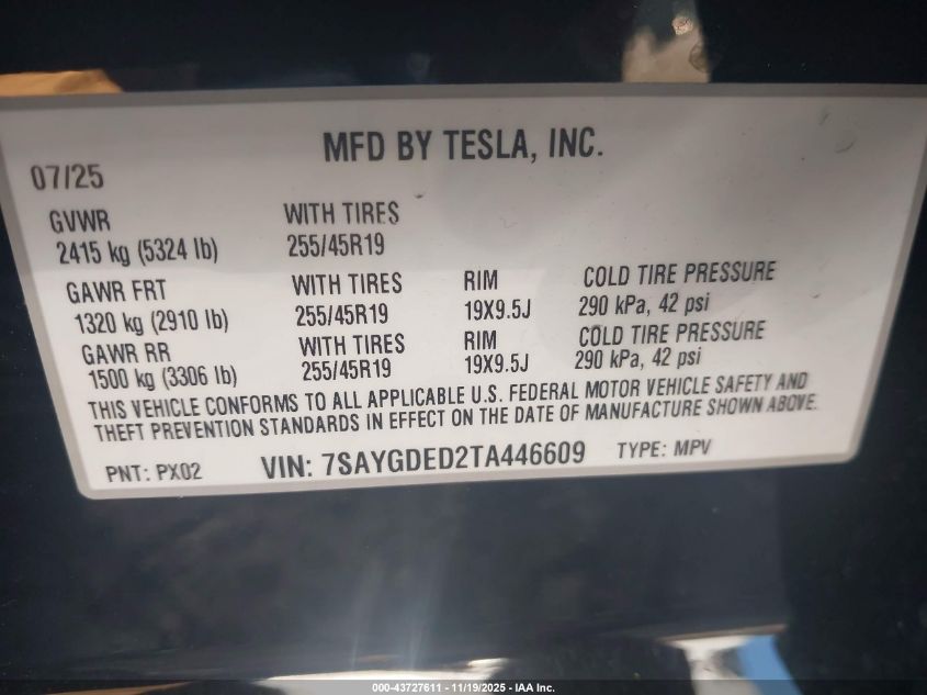 2026 Tesla Model Y Long Range Dual Motor All-Wheel Drive VIN: 7SAYGDED2TA446609 Lot: 43727611