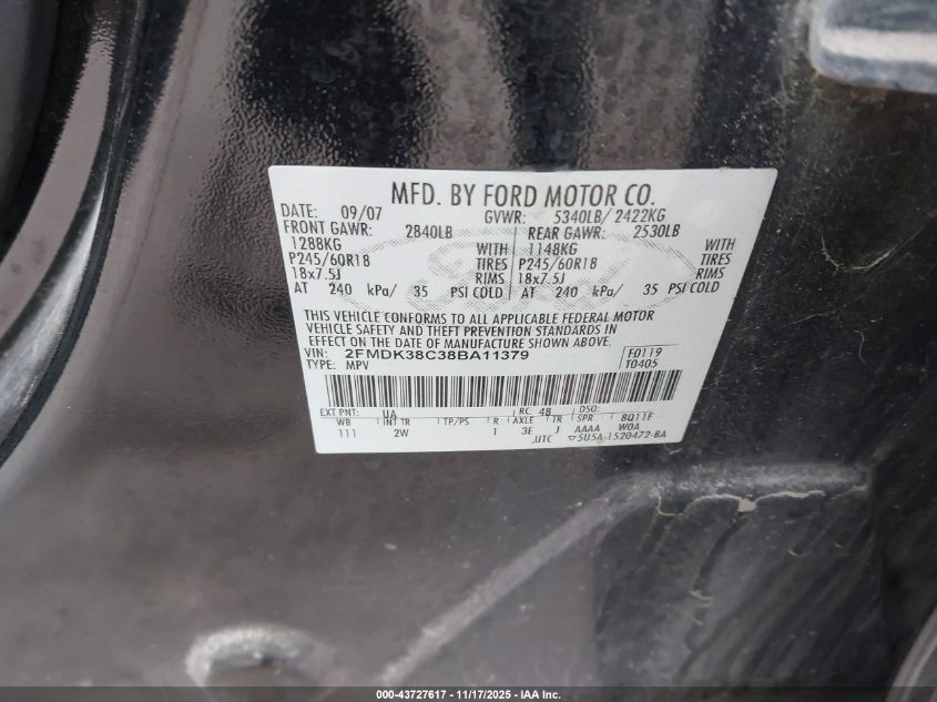 2008 Ford Edge Sel VIN: 2FMDK38C38BA11379 Lot: 43727617