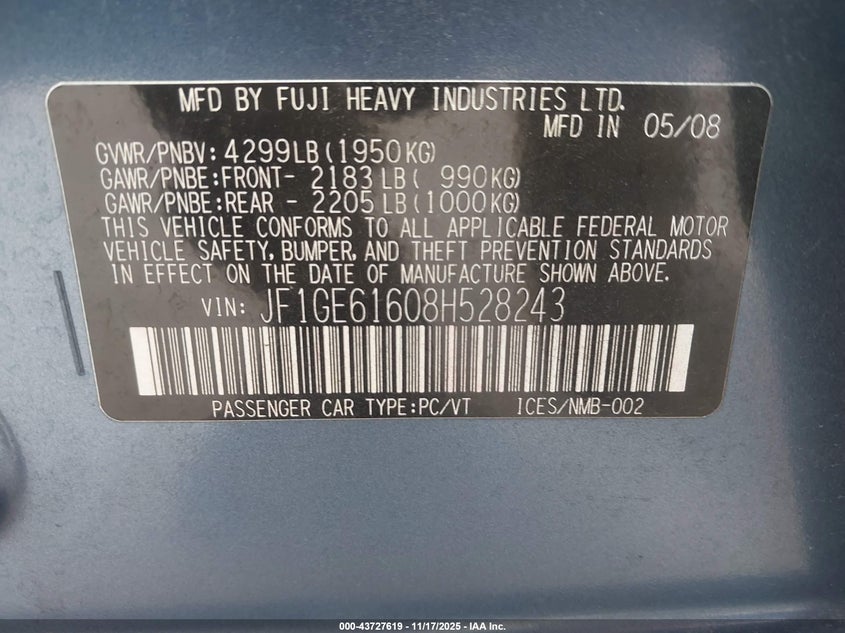 2008 Subaru Impreza 2.5I VIN: JF1GE61608H528243 Lot: 43727619