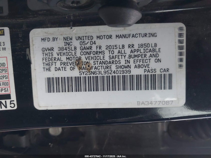 2005 Pontiac Vibe Gt VIN: 5Y2SN63L95Z401939 Lot: 43727642