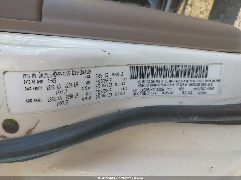 2004 Jeep Grand Cherokee Limited VIN: 1J8GW58NX4C118158 Lot: 43727643