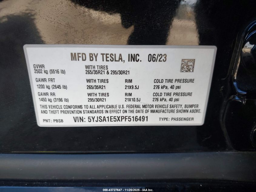 2023 Tesla Model S Dual Motor All-Wheel Drive/Standard Range VIN: 5YJSA1E5XPF516491 Lot: 43727647