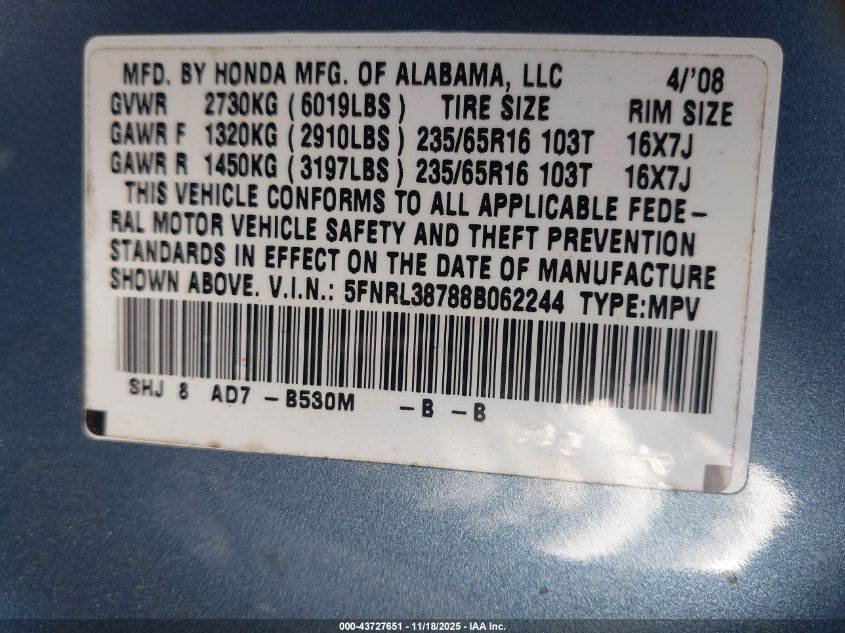 2008 Honda Odyssey Ex-L VIN: 5FNRL38788B062244 Lot: 43727651