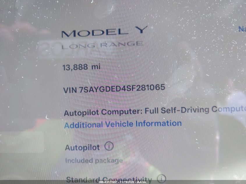 2025 Tesla Model Y Long Range Dual Motor Rear-Wheel Drive VIN: 7SAYGDED4SF281065 Lot: 43727657