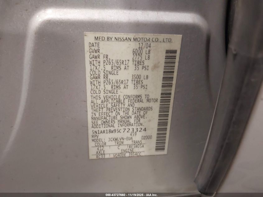 2005 Nissan Pathfinder Le VIN: 5N1AR18W95C723324 Lot: 43727660