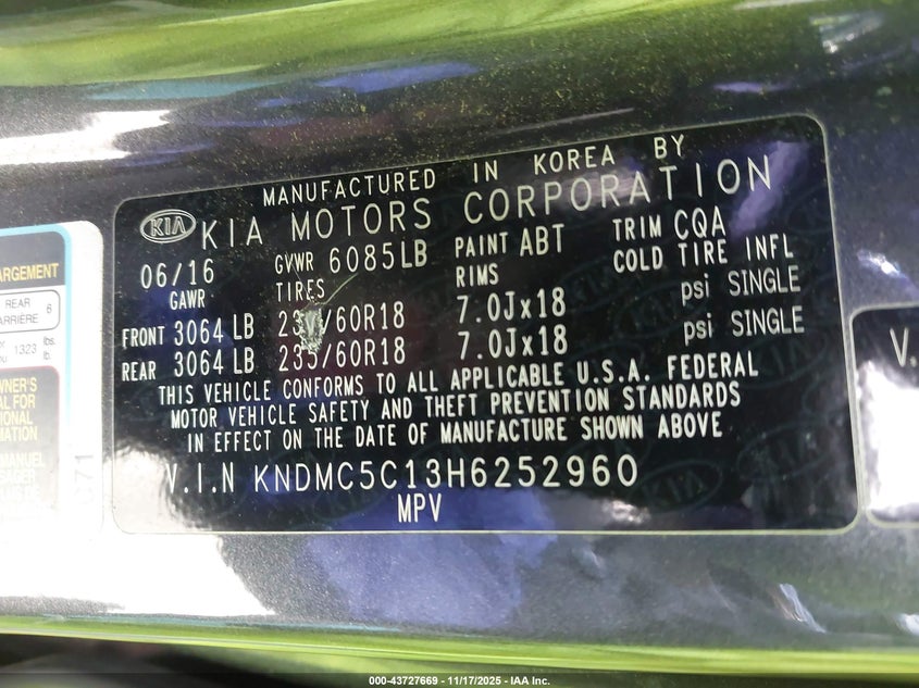 2017 Kia Sedona Ex VIN: KNDMC5C13H6252960 Lot: 43727669