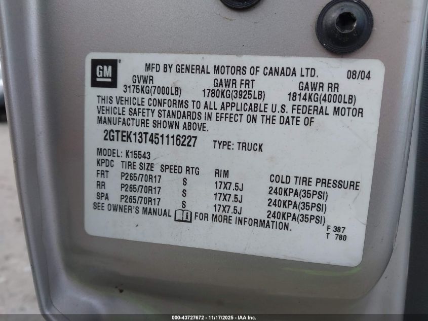 2005 GMC Sierra 1500 Sle VIN: 2GTEK13T451116227 Lot: 43727672
