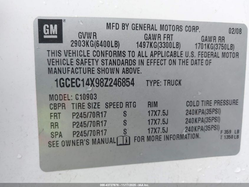 2008 Chevrolet Silverado 1500 Work Truck VIN: 1GCEC14X98Z246854 Lot: 43727676