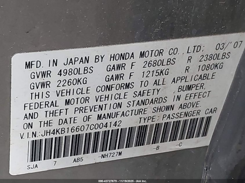 2007 Acura Rl 3.5 VIN: JH4KB16607C004142 Lot: 43727679