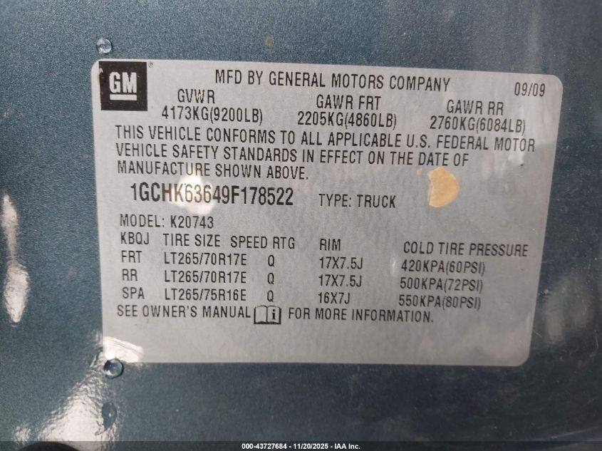 2009 Chevrolet Silverado 2500Hd Ltz VIN: 1GCHK63649F178522 Lot: 43727684