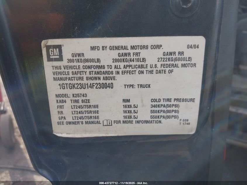 2004 GMC Sierra 2500 Sle VIN: 1GTGK23U14F230040 Lot: 43727712