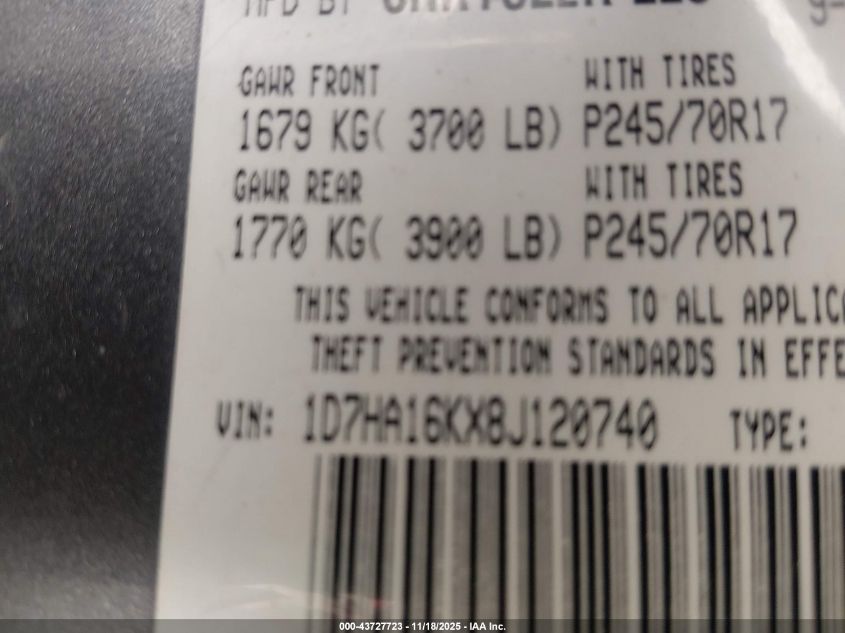 2008 Dodge Ram 1500 St/Sxt VIN: 1D7HA16KX8J120740 Lot: 43727723