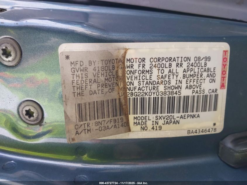 2000 Toyota Camry Le VIN: JT2BG22K0Y0383845 Lot: 43727724