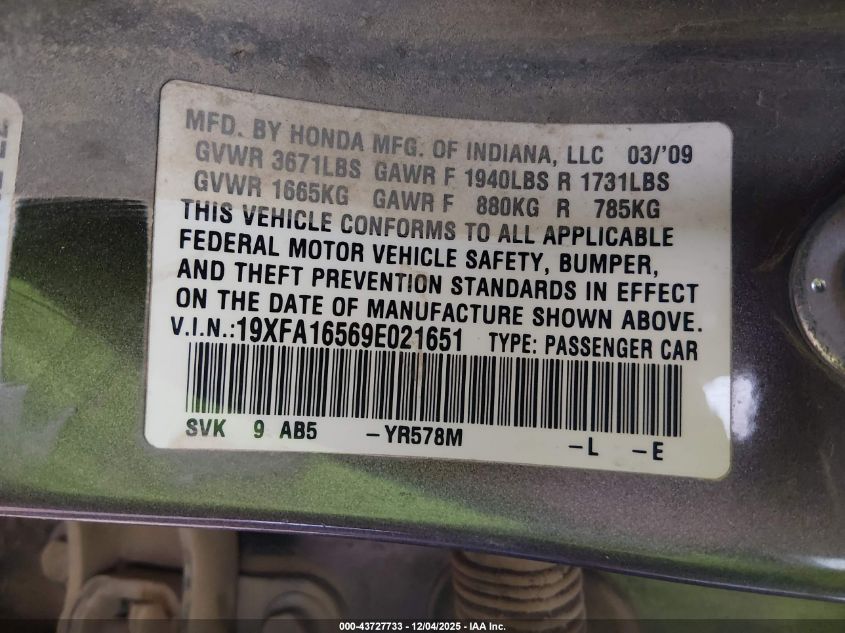 2009 Honda Civic Lx VIN: 19XFA16569E021651 Lot: 43727733