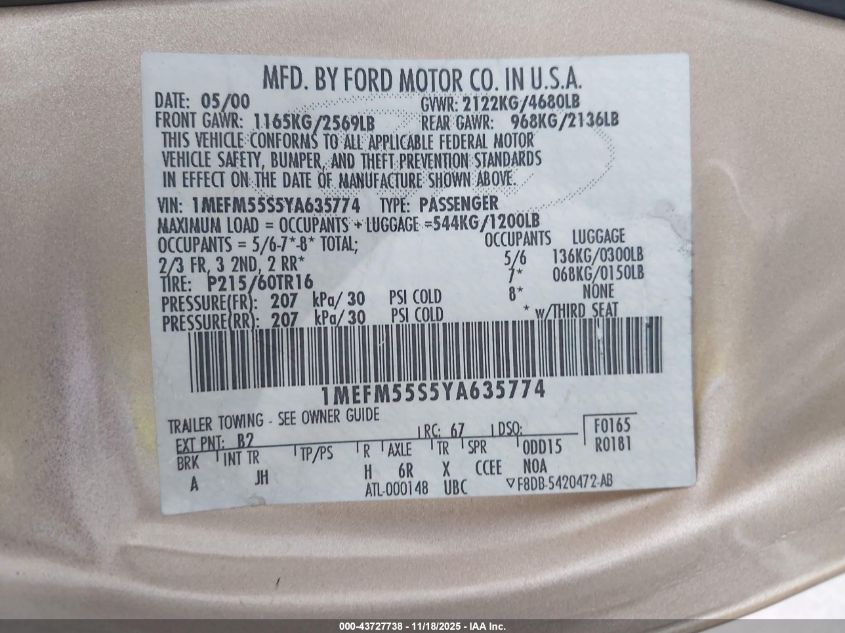 2000 Mercury Sable Ls Premium VIN: 1MEFM55S5YA635774 Lot: 43727738