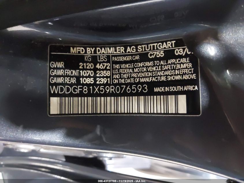 2009 Mercedes-Benz C 300 Sport 4Matic VIN: WDDGF81X59R076593 Lot: 43727785