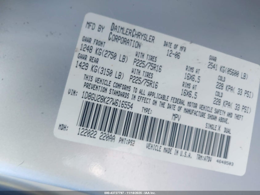 2007 Dodge Nitro Sxt VIN: 1D8GU28K27W616554 Lot: 43727797