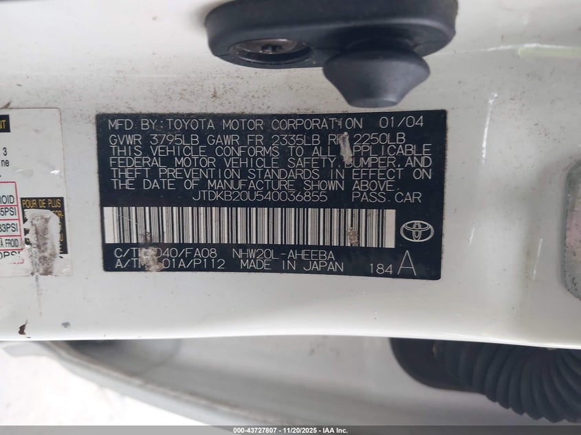 2004 Toyota Prius VIN: JTDKB20U540036855 Lot: 43727807