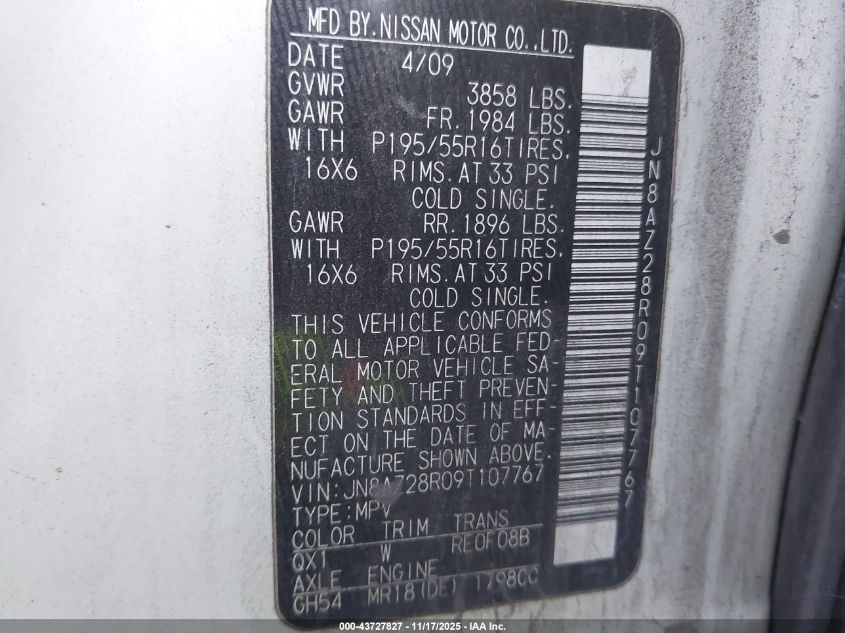 2009 Nissan Cube 1.8Sl VIN: JN8AZ28R09T107767 Lot: 43727827