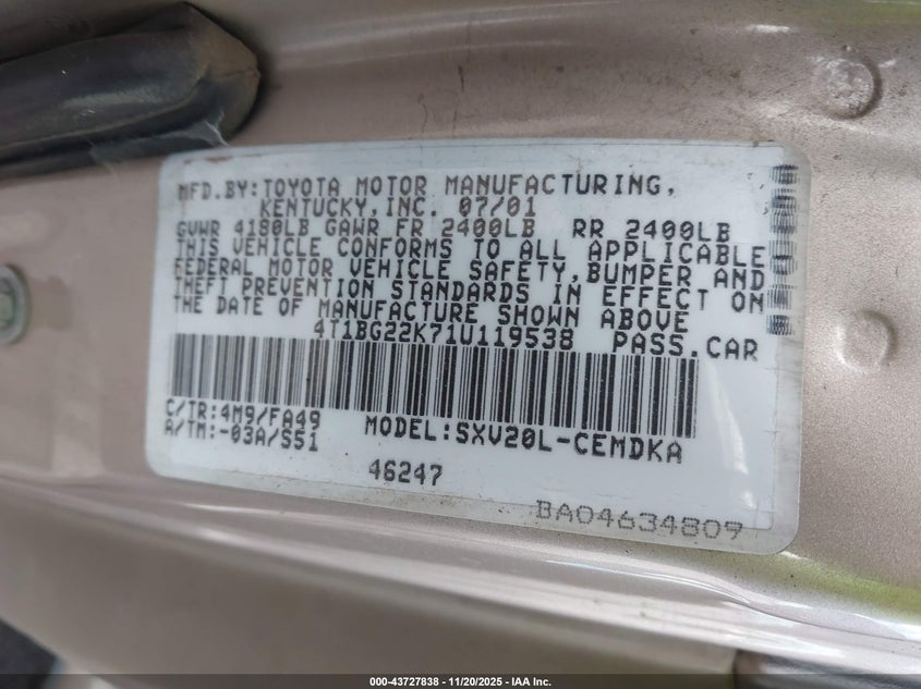 4T1BG22K71U119538 2001 TOYOTA CAMRY photo no. 9