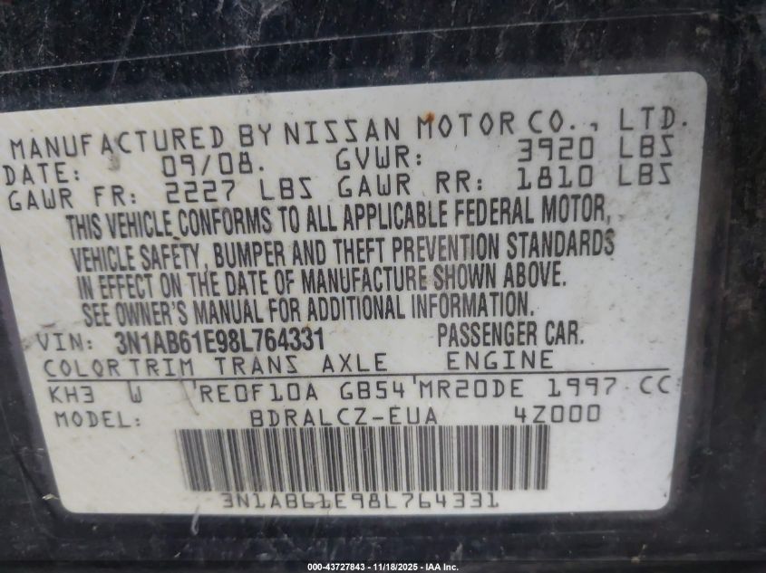 2008 Nissan Sentra 2.0 VIN: 3N1AB61E98L764331 Lot: 43727843