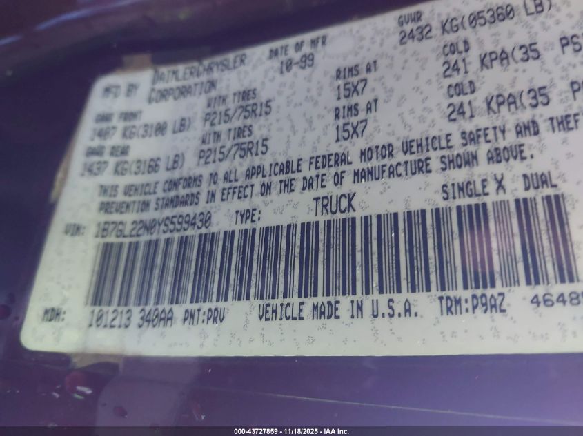 2000 Dodge Dakota Slt/Sport VIN: 1B7GL22N0YS599430 Lot: 43727859