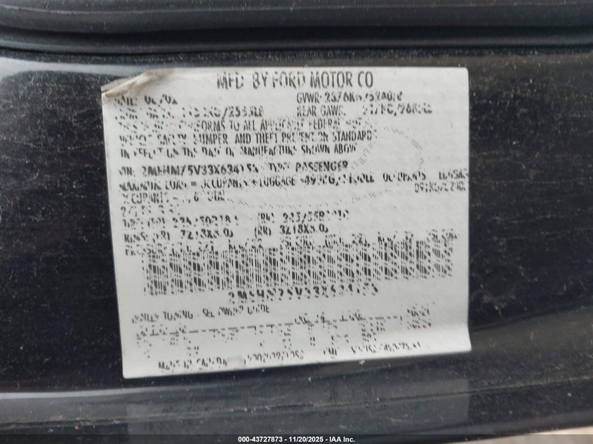 2003 Mercury Marauder VIN: 2MEHM75V33X634153 Lot: 43727873