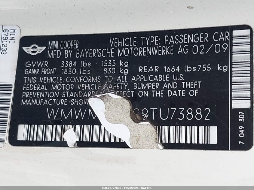 2009 Mini Cooper VIN: WMWMF33599TU73882 Lot: 43727876