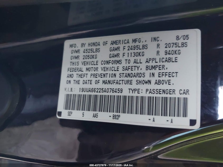 2005 Acura Tl VIN: 19UUA66225A076459 Lot: 43727879