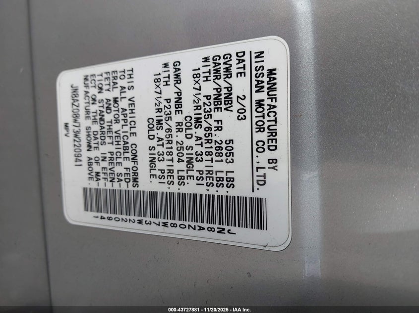 2003 Nissan Murano Sl VIN: JN8AZ08W73W220941 Lot: 43727881