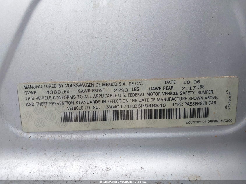 2006 Volkswagen Jetta Diesel VIN: 3VWCT71K86M848840 Lot: 43727884
