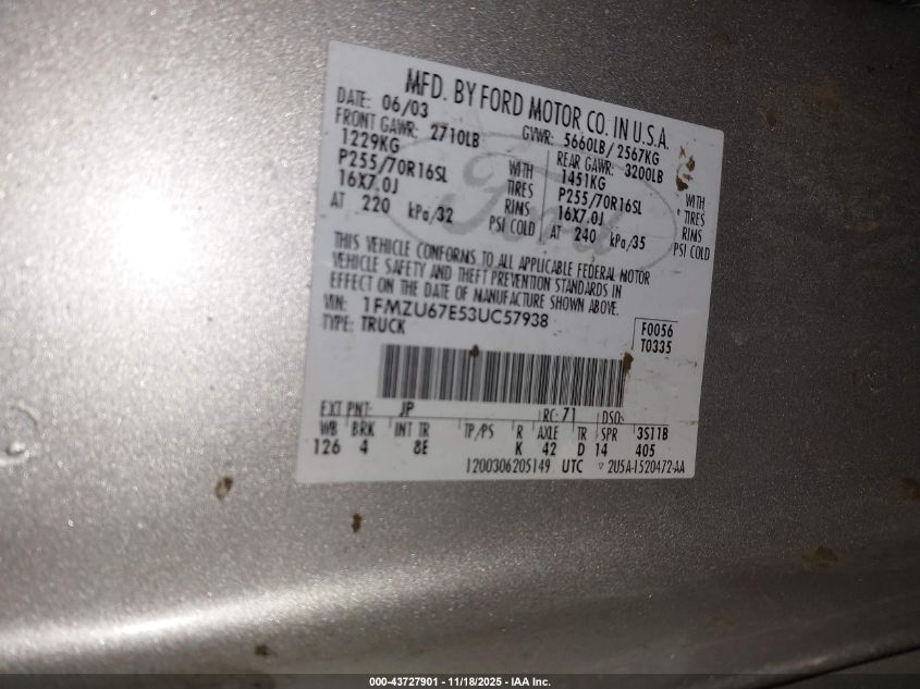 2003 Ford Explorer Sport Trac Xls/Xlt VIN: 1FMZU67E53UC57938 Lot: 43727901