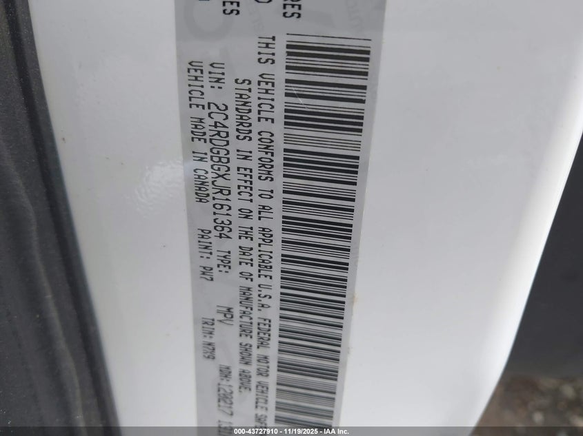 2018 Dodge Grand Caravan Se Plus VIN: 2C4RDGBGXJR161364 Lot: 43727910