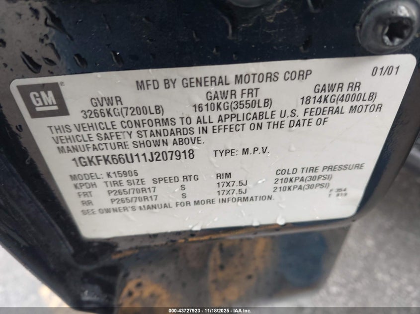 2001 GMC Yukon Xl 1500 Denali VIN: 1GKFK66U11J207918 Lot: 43727923