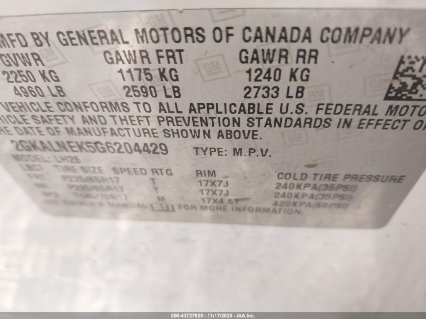 2016 GMC Terrain Sle-2 VIN: 2GKALNEK5G6204429 Lot: 43727929