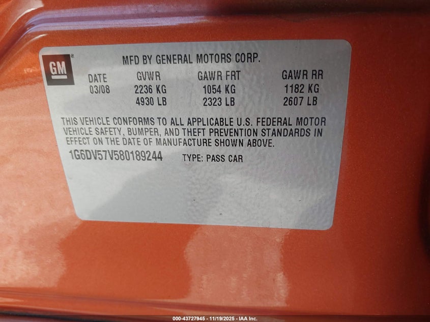 2008 Cadillac Cts Standard VIN: 1G6DV57V580189244 Lot: 43727945