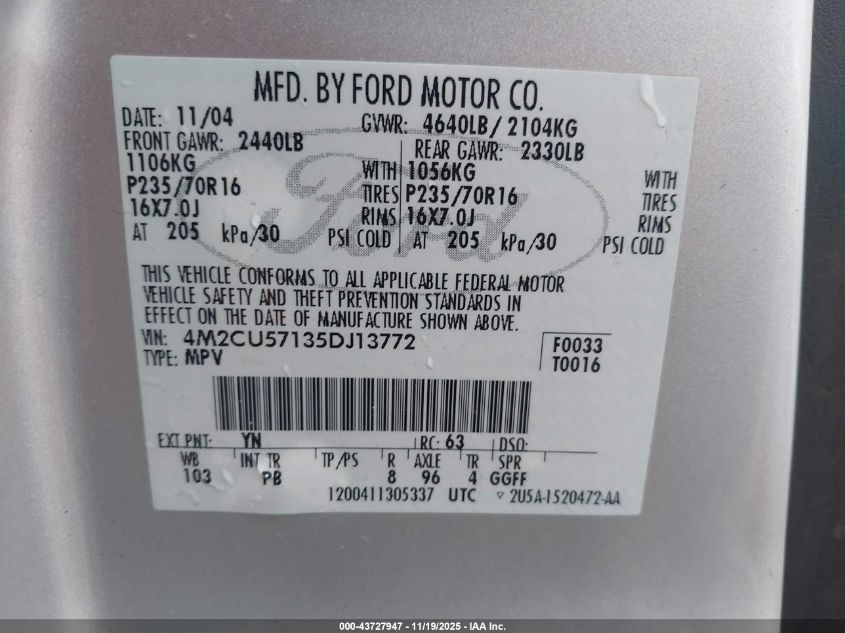 2005 Mercury Mariner Luxury/Premier VIN: 4M2CU57135DJ13772 Lot: 43727947