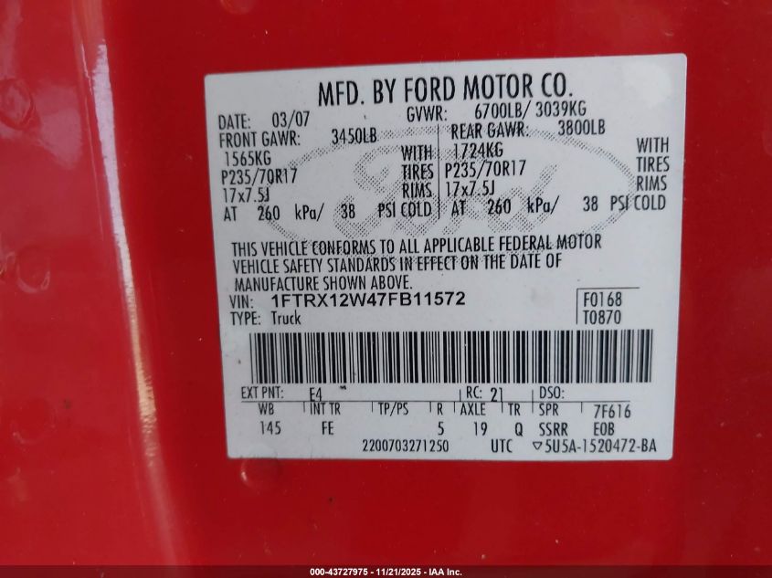 2007 Ford F-150 Stx/Xl/Xlt VIN: 1FTRX12W47FB11572 Lot: 43727975