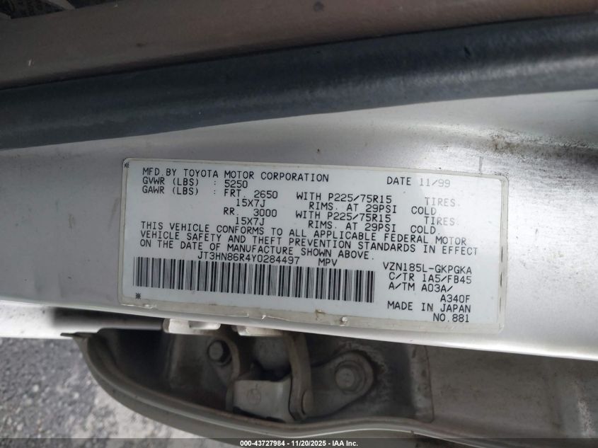 2000 Toyota 4Runner Sr5 V6 VIN: JT3HN86R4Y0284497 Lot: 43727984