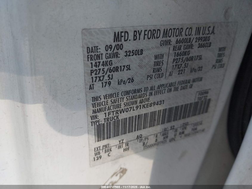 2001 Ford F-150 Harley-Davidson Edition/King Ranch Edition/Lariat/Xlt VIN: 1FTRW07L91KE89431 Lot: 43727985