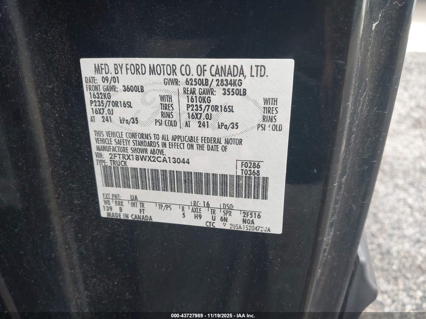 2002 Ford F-150 Lariat/Xl/Xlt VIN: 2FTRX18WX2CA13044 Lot: 43727989