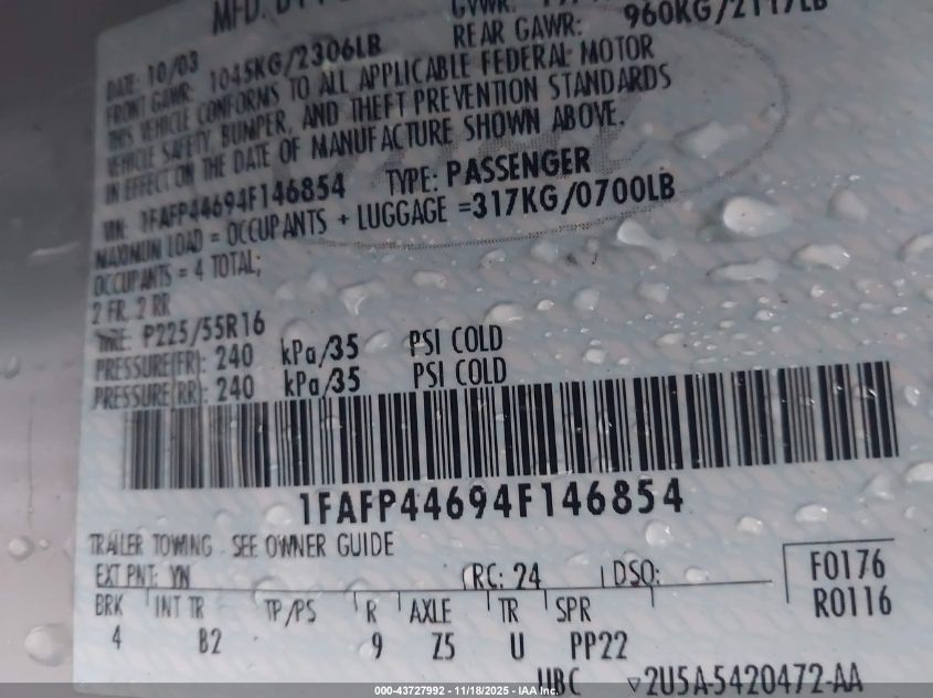 2004 Ford Mustang VIN: 1FAFP44694F146854 Lot: 43727992