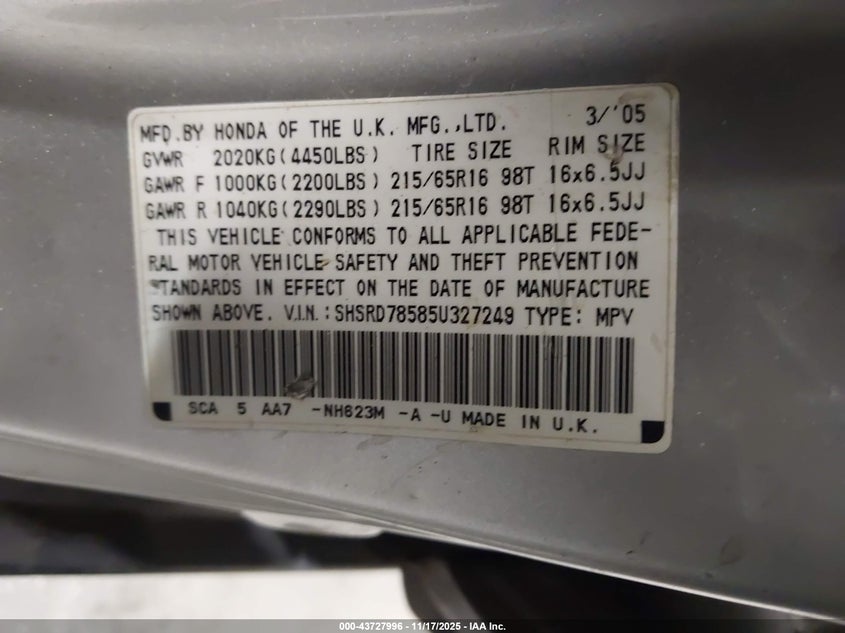 2005 Honda Cr-V Lx VIN: SHSRD78585U327249 Lot: 43727996